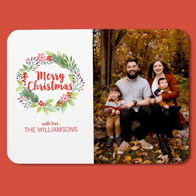 Elegant Christmas Watercolor Wreath Photo Holiday  Magnet (a pretty Christmas watercolor wreath photo magnet)