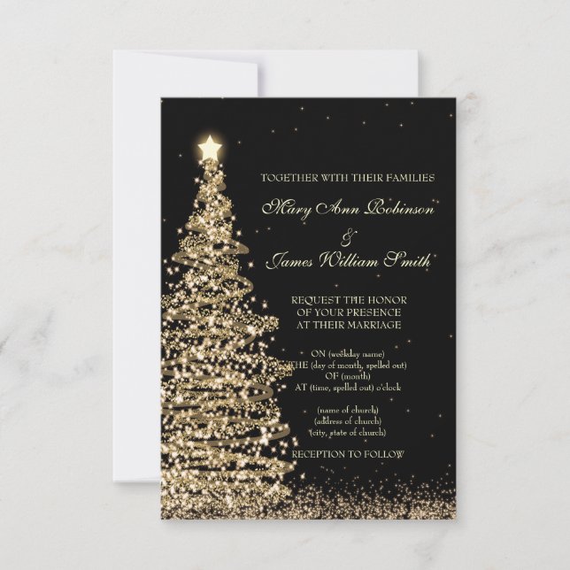 Elegant Christmas Wedding Gold Black RSVP Card (Front)