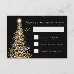 Elegant Christmas Wedding RSVP Gold Black Card