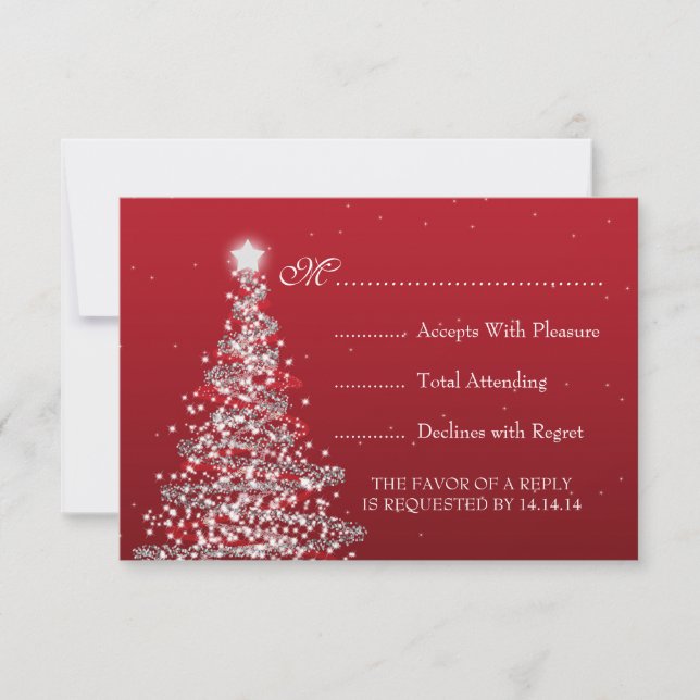 Elegant Christmas Wedding RSVP Red Silver Card (Front)