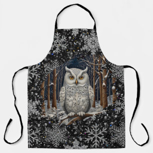 Elegant Christmas white owl woodland winter forest Apron