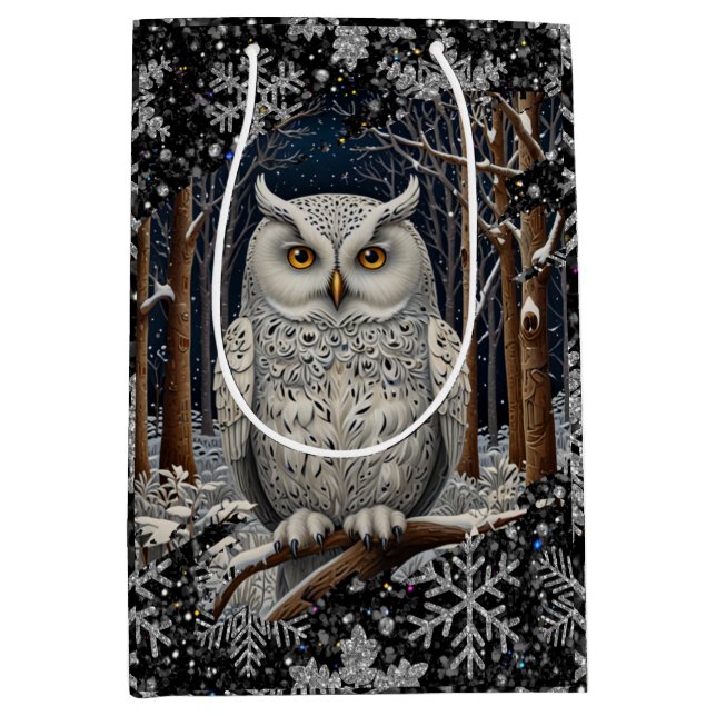 Elegant Christmas white owl woodland winter forest Medium Gift Bag (Front)