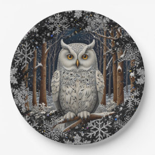Elegant Christmas white owl woodland winter forest Paper Plate