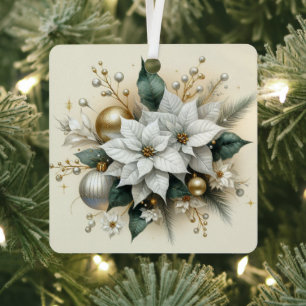 Elegant Christmas White Poinsettia with Gold Metal Ornament