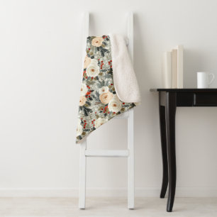Elegant Christmas White Roses & Red Winter Berry  Sherpa Blanket