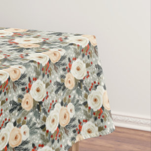 Elegant Christmas White Roses & Red Winter Berry  Tablecloth