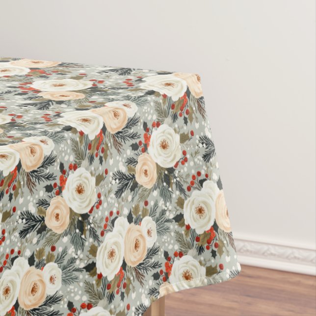 Elegant Christmas White Roses & Red Winter Berry  Tablecloth (In Situ)