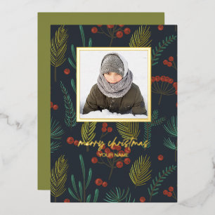 Elegant Christmas Winter Botanical Greenery Photo Foil Holiday Card