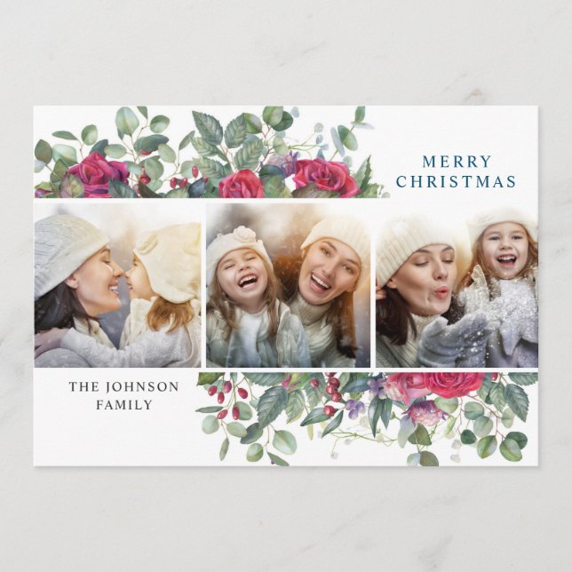 Elegant Christmas Winter Flowers 3 Photo Greeting Holiday Card (Front)