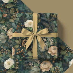 Elegant Christmas Winter Green and Cream Floral Wrapping Paper