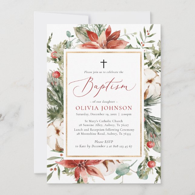 Elegant Christmas Winter Red Baptism Invitation (Front)