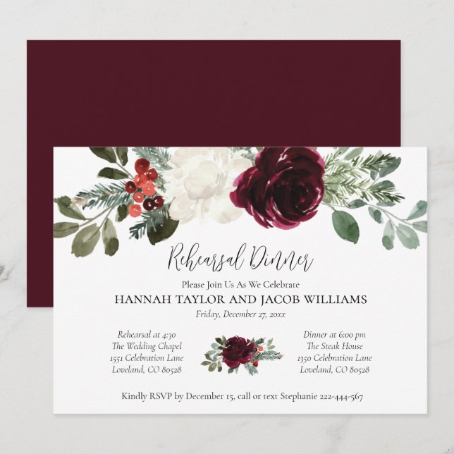 Elegant Christmas Winter Wedding Rehearsal Dinner Invitation (Front/Back)