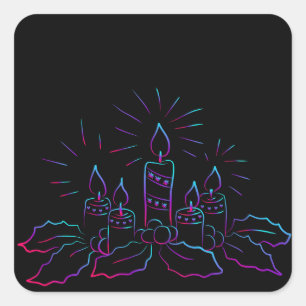 Elegant Christmas wreath and candles neon black Square Sticker