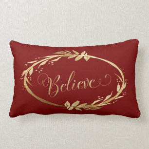 Elegant Christmas Wreath Believe Gold Burgundy Lumbar Pillow