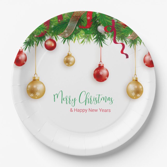 Elegant  Christmas Wreath Boarder with Ornaments Paper Plate (Front)