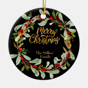 Elegant Christmas Wreath Customizable Name Black Ceramic Ornament