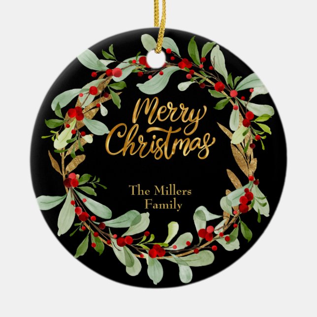 Elegant Christmas Wreath Customizable Name  Black  Ceramic Ornament (Front)