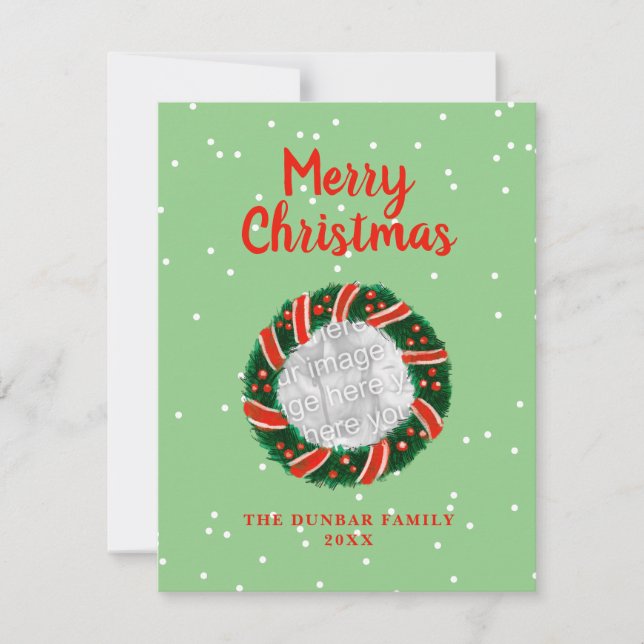 Elegant Christmas wreath greenery custom photo Hol Holiday Card (Front)