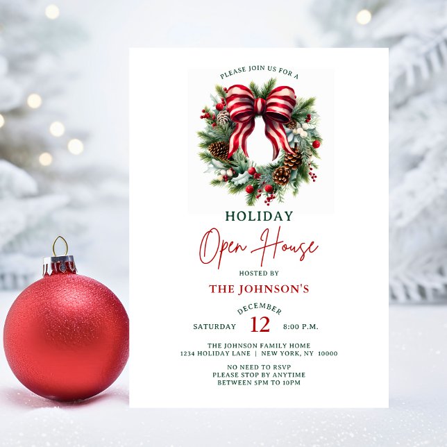 Elegant Christmas Wreath Holiday Open House Party Invitation (Elegant Christmas Wreath Holiday Open House Party Invitation)