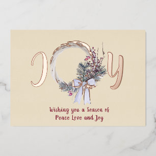 Elegant Christmas Wreath Joy Christmas Rose Gold Foil Holiday Card