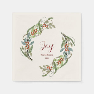 Elegant Christmas Wreath Joy Personalized Name Napkin