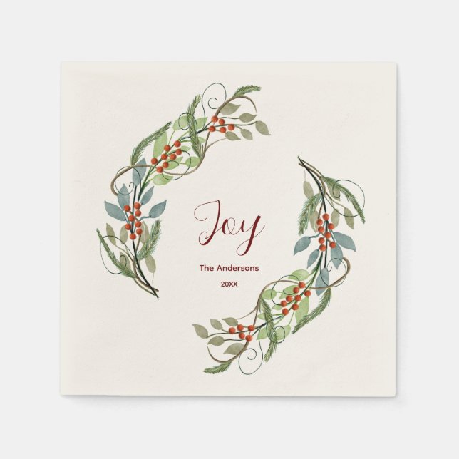 Elegant Christmas Wreath Joy Personalized Name Napkin (Front)