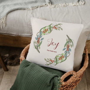 Elegant Christmas Wreath Joy Personalized Name Throw Pillow