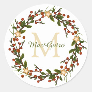 Elegant Christmas Wreath Monogram Initial Classic Round Sticker