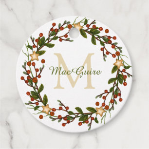 Elegant Christmas Wreath Monogram Initial Favour Tags