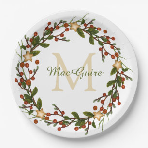 Elegant Christmas Wreath Monogram Initial Paper Plate