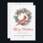 Elegant Christmas Wreath Red Cardinal Corporate  Holiday Card<br><div class="desc">Elegant and professional,  this corporate Christmas card features a pine and holly wreath with red cardinal in the centre. An editable pre-printed message and place for your company logo is on the back. You can just delete the logo option if you don't wan't to use it.</div>
