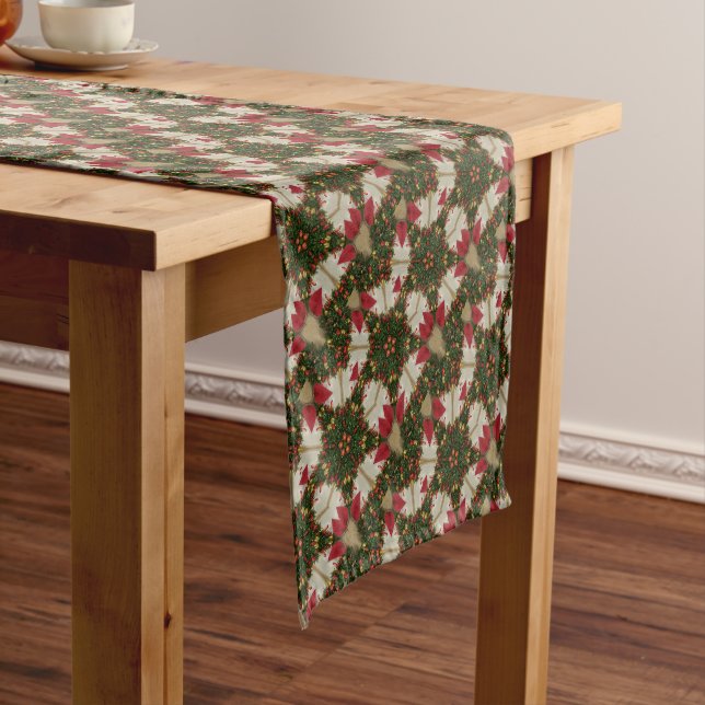 Elegant Christmas Wreath Red Green Kaleidoscope Short Table Runner (In Situ)