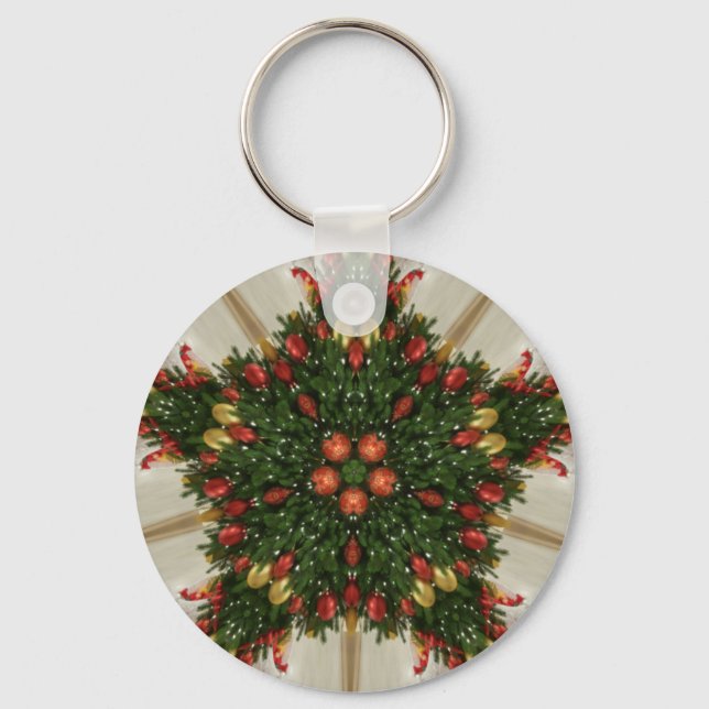 Elegant Christmas Wreath Red Green Kaleidoscopic Keychain (Front)