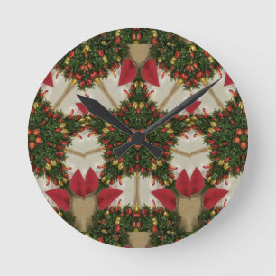 Elegant Christmas Wreath Red Green Kaleidoscopic Round Clock