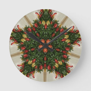 Elegant Christmas Wreath Red Green Kaleidoscopic Round Clock