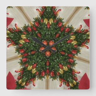 Elegant Christmas Wreath Red Green Kaleidoscopic Square Wall Clock