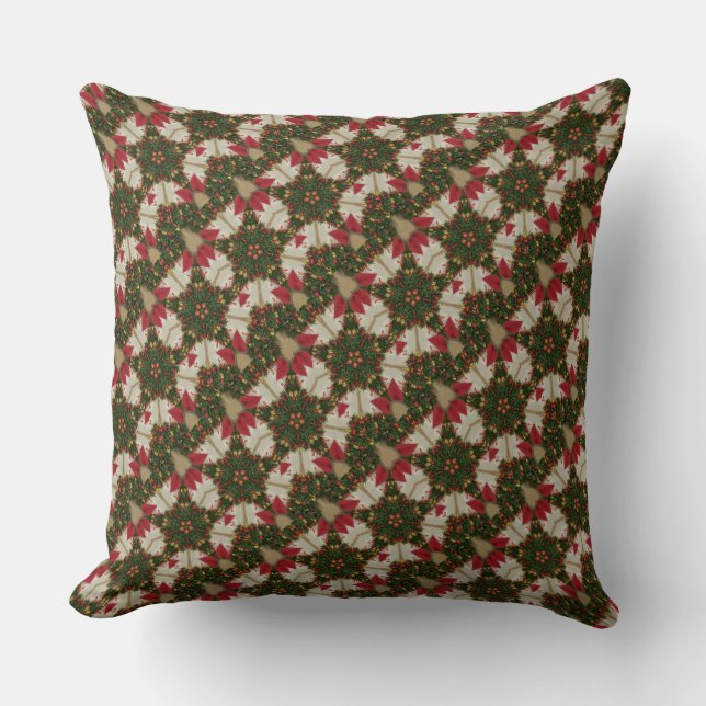 Elegant Christmas Wreath Red Green Kaleidoscopic Throw Pillow (Front)