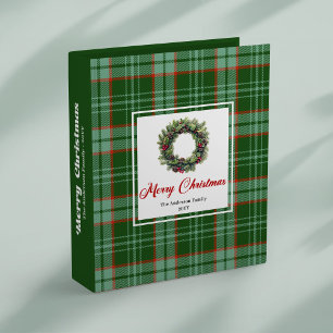 Elegant Christmas wreath red green plaid memory  Binder