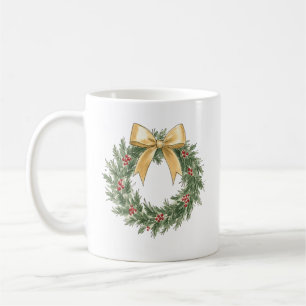 Elegant Christmas Wreath with Gold Bow Watercolor Coffee Mug