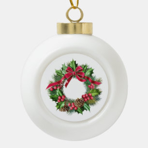 Elegant Christmas Wreath with Red Bow, Holly & Pin Ceramic Ball Christmas Ornament