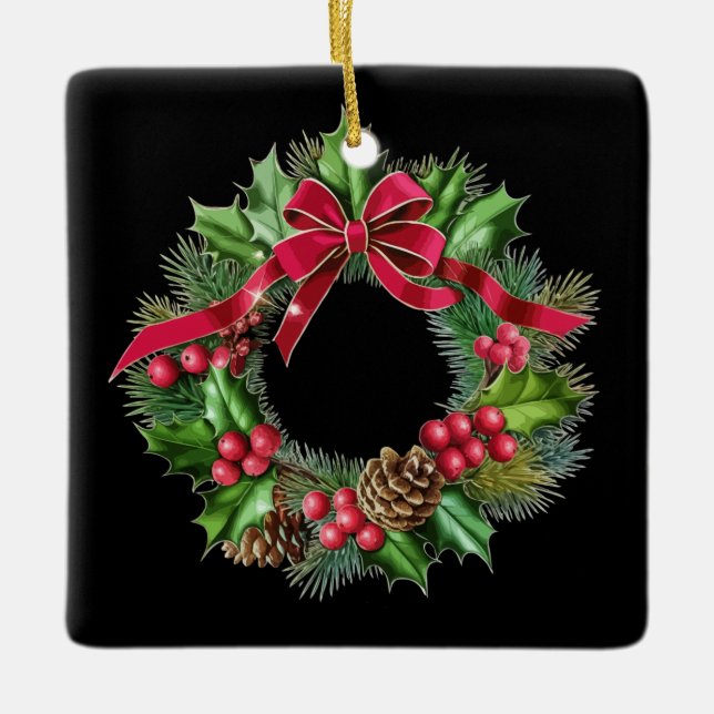 Elegant Christmas Wreath with Red Bow, Holly & Pin Ceramic Ornament (Front)