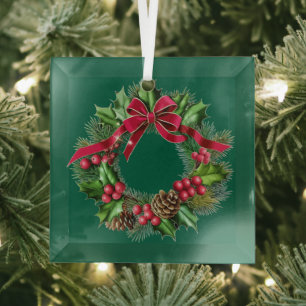 Elegant Christmas Wreath with Red Bow, Holly & Pin Glass Ornament