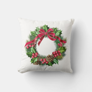 Elegant Christmas Wreath with Red Bow, Holly & Pin Throw Pillow