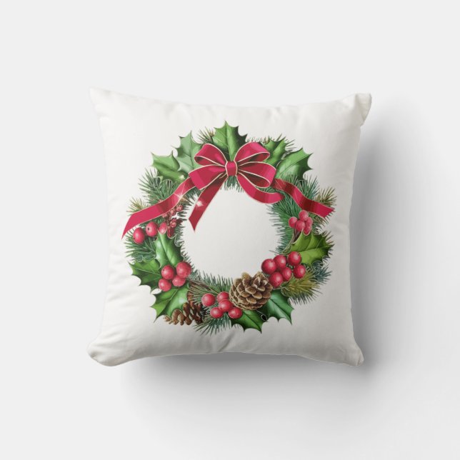 Elegant Christmas Wreath with Red Bow, Holly & Pin Throw Pillow (Front)