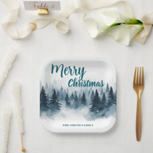 Elegant Christmas Xmas winter pine tree forest Hol Paper Plate