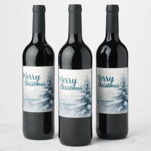 Elegant Christmas Xmas winter pine tree forest Hol Wine Label