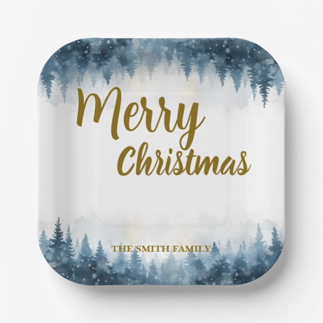 Elegant Christmas Xmas winter pine tree forest  Paper Plate (Front)
