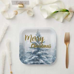 Elegant Christmas Xmas winter pine tree forest  Paper Plate