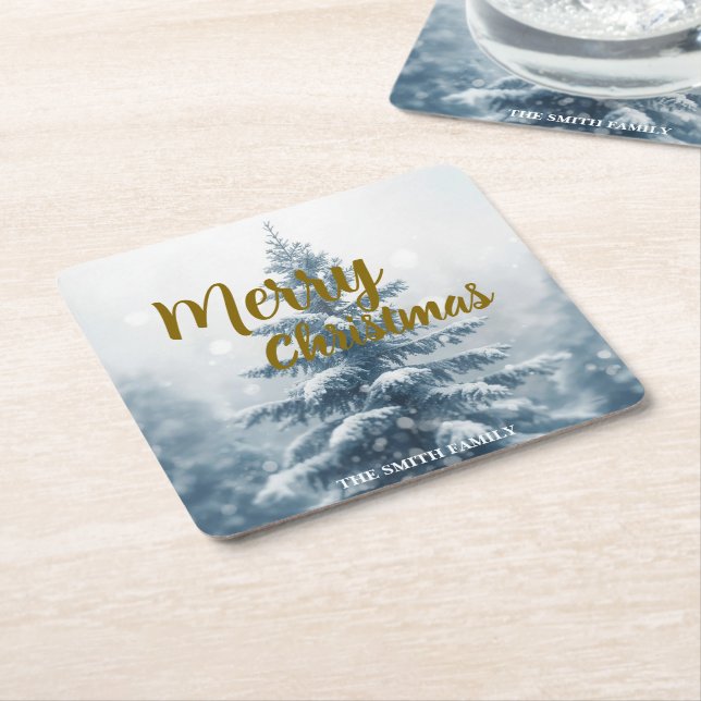 Elegant Christmas Xmas winter pine tree forest  Square Paper Coaster (Angled)