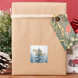 Elegant Christmas Xmas winter pine tree forest Square Sticker